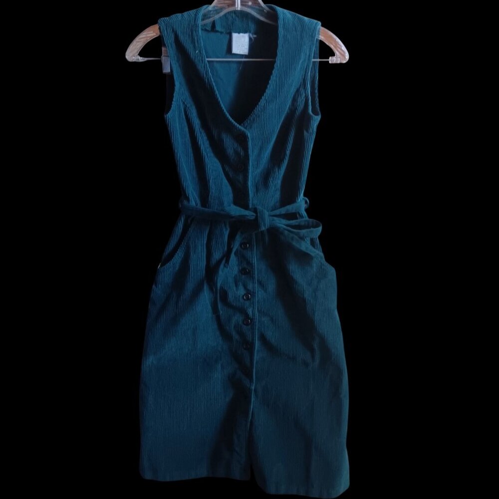 True Vintage Jumper Dress 5 1970's Boho Teal Corduroy Sleeveless Midi Belted